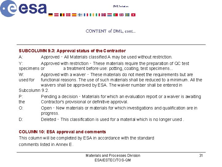 SME Initiative CONTENT of DML, cont… SUBCOLUMN 9. 3: Approval status of the Contractor