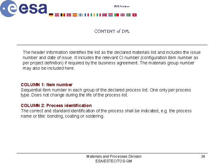 SME Initiative CONTENT of DPL The header information identifies the list as the declared