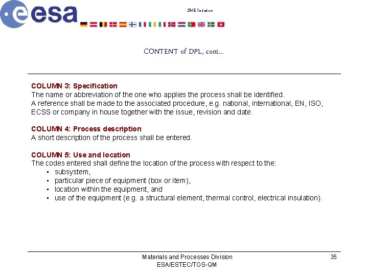 SME Initiative CONTENT of DPL, cont… COLUMN 3: Specification The name or abbreviation of