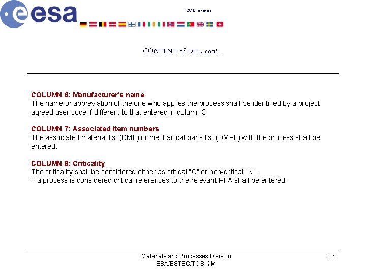 SME Initiative CONTENT of DPL, cont… COLUMN 6: Manufacturer’s name The name or abbreviation