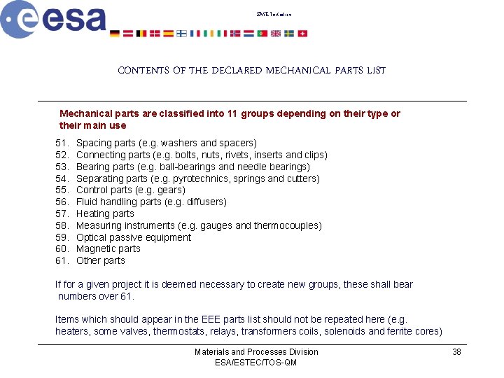 SME Initiative CONTENTS OF THE DECLARED MECHANICAL PARTS LIST Mechanical parts are classified into