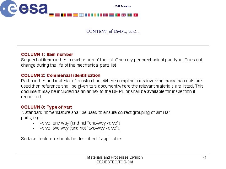 SME Initiative CONTENT of DMPL, cont… COLUMN 1: Item number Sequential itemnumber in each