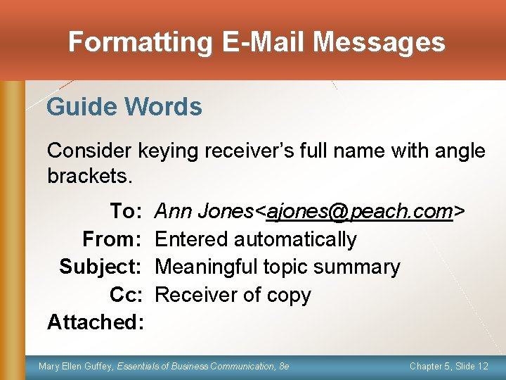 Formatting E-Mail Messages Guide Words Consider keying receiver’s full name with angle brackets. To: