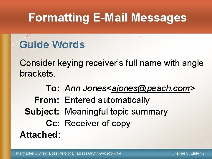 Formatting E-Mail Messages Guide Words Consider keying receiver’s full name with angle brackets. To: