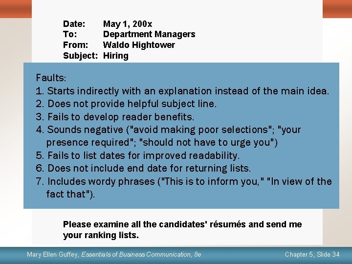 Date: May 1, 200 x To: Department Managers From: Waldo Hightower Subject: Hiring Ineffective