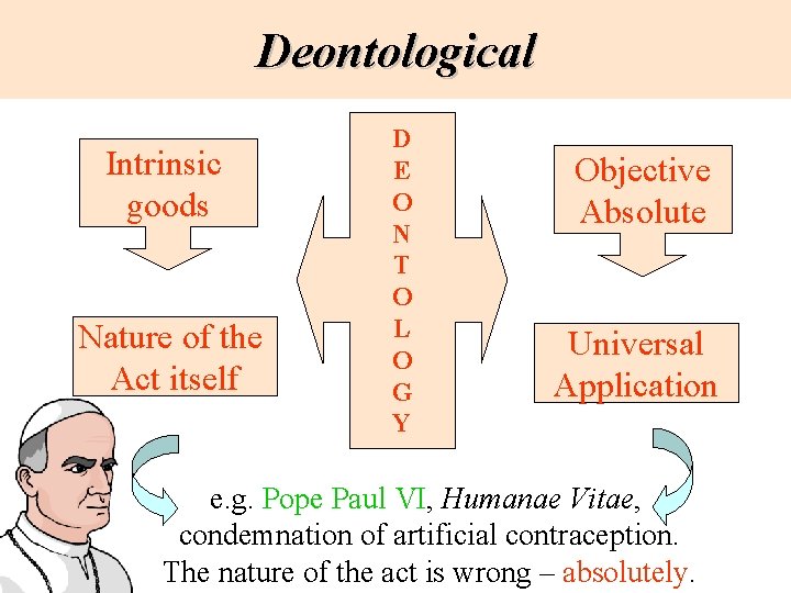 Deontological Intrinsic goods Nature of the Act itself D E O N T O Deontological Intrinsic goods Nature of the Act itself D E O N T O