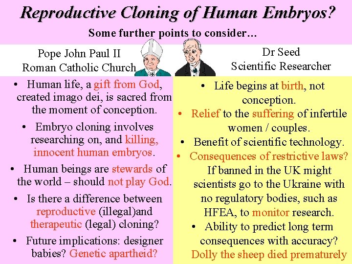 Reproductive Cloning of Human Embryos? Some further points to consider… Pope John Paul Reproductive Cloning of Human Embryos? Some further points to consider… Pope John Paul