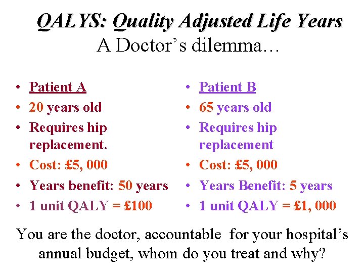 QALYS: Quality Adjusted Life Years A Doctor’s dilemma… • Patient A • 20 years QALYS: Quality Adjusted Life Years A Doctor’s dilemma… • Patient A • 20 years
