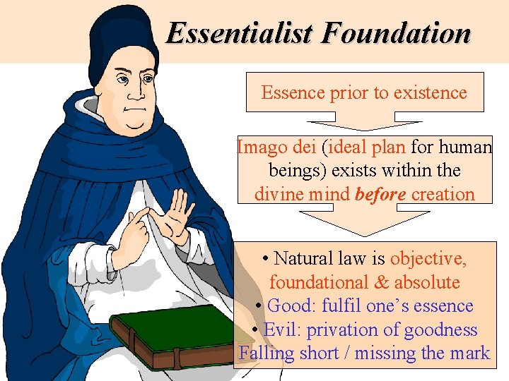 Essentialist Foundation Essence prior to existence Imago dei (ideal plan for human beings) Essentialist Foundation Essence prior to existence Imago dei (ideal plan for human beings)