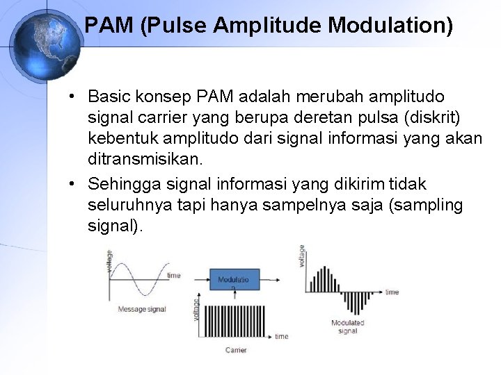 PAM (Pulse Amplitude Modulation) • Basic konsep PAM adalah merubah amplitudo signal carrier yang
