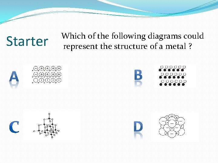 Starter Which of the following diagrams could represent the structure of a metal ?