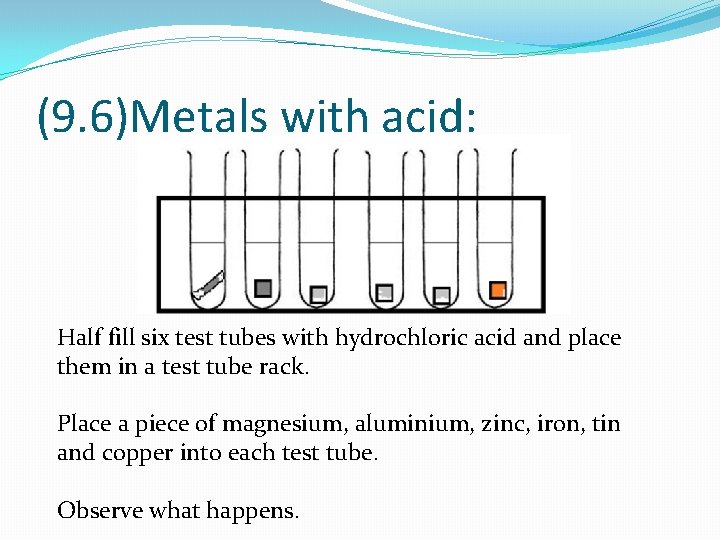 (9. 6)Metals with acid: Half fill six test tubes with hydrochloric acid and place