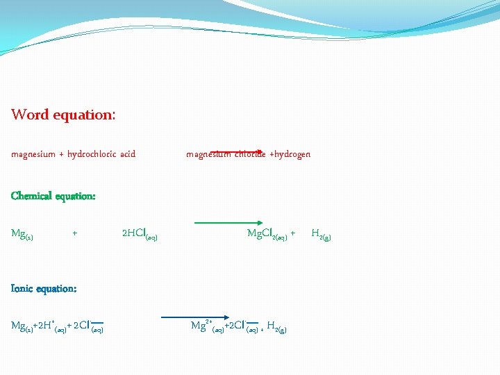 Word equation: magnesium + hydrochloric acid magnesium chloride +hydrogen Chemical equation: Mg(s) + 2