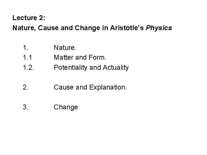 Lecture 2: Nature, Cause and Change in Aristotle’s Physics 1. 1. 1 1. 2.