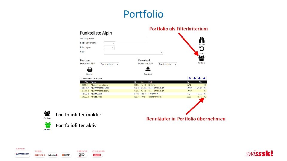Portfolio als Filterkriterium Portfoliofilter inaktiv Portfoliofilter aktiv Rennläufer in Portfolio übernehmen 