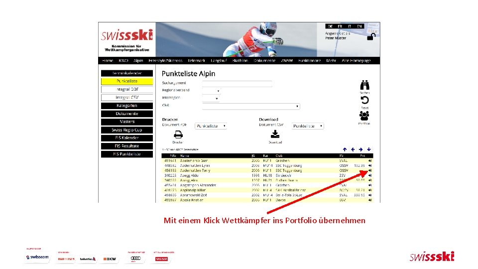 Mit einem Klick Wettkämpfer ins Portfolio übernehmen 