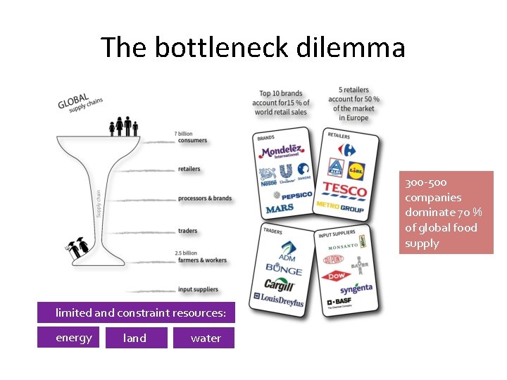 The bottleneck dilemma 300 -500 companies dominate 70 % of global food supply limited