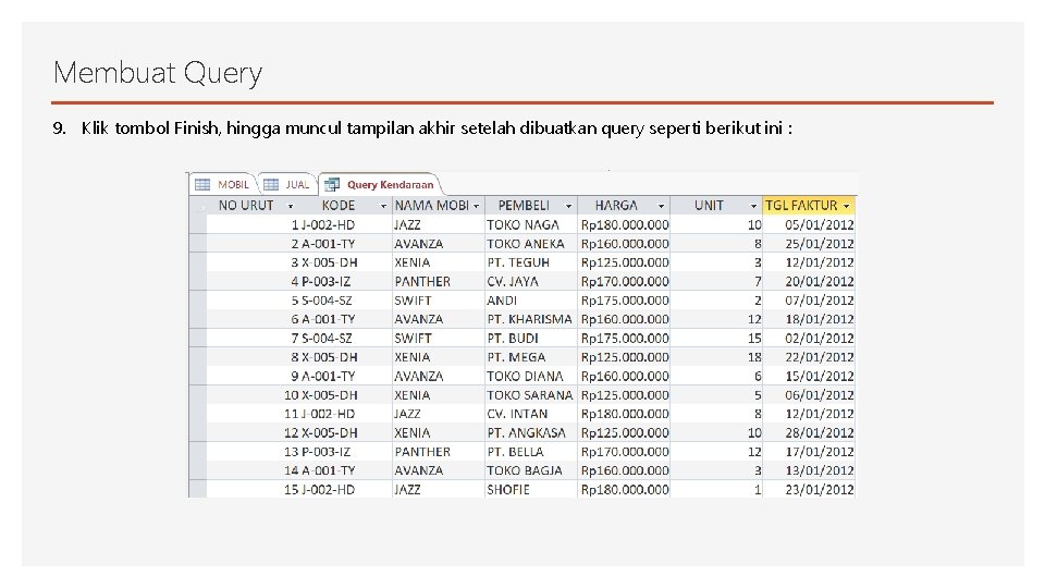 Membuat Query 9. Klik tombol Finish, hingga muncul tampilan akhir setelah dibuatkan query seperti