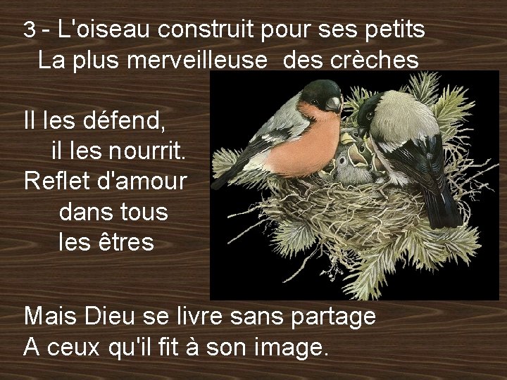 3 - L'oiseau construit pour ses petits La plus merveilleuse des crèches Il les