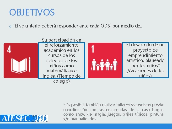 OBJETIVOS o El voluntario deberá responder ante cada ODS, por medio de… Su participación