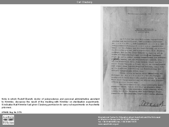 Carl Clauberg Note in which Rudolf Brandt, doctor of jurisprudence and personal administrative assistant