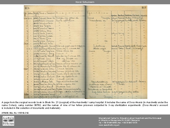 Horst Schumann A page from the surgical records book in Block No. 21 (surgical)