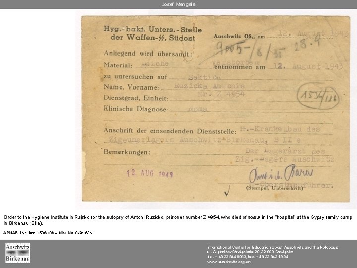 Josef Mengele Order to the Hygiene Institute in Rajsko for the autopsy of Antoni