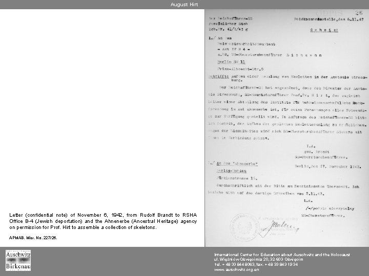 August Hirt Letter (confidential note) of November 6, 1942, from Rudolf Brandt to RSHA