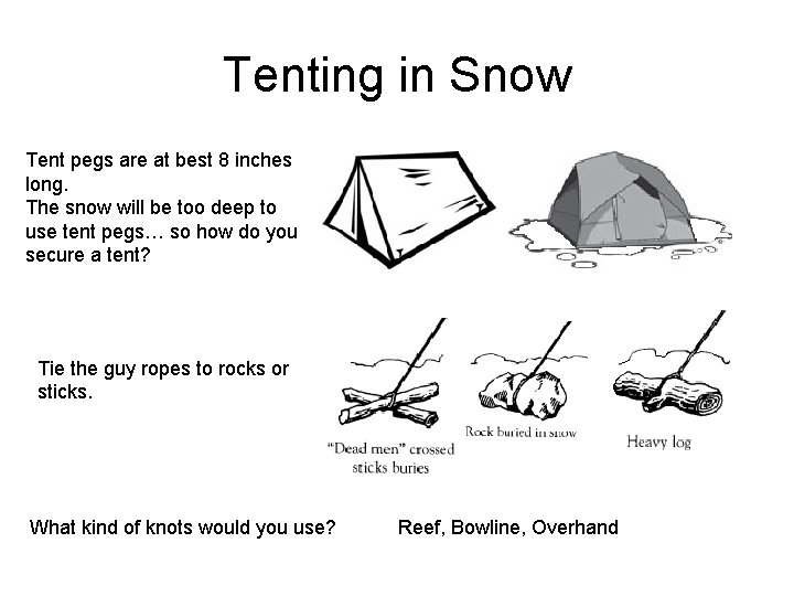 Tenting in Snow Tent pegs are at best 8 inches long. The snow will