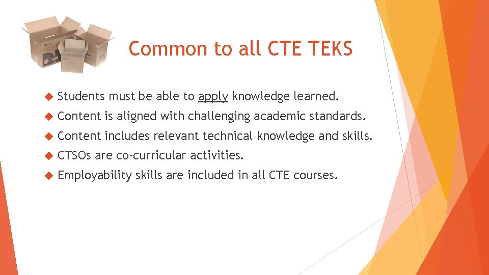 Common to all CTE TEKS Students must be able to apply knowledge learned. Content