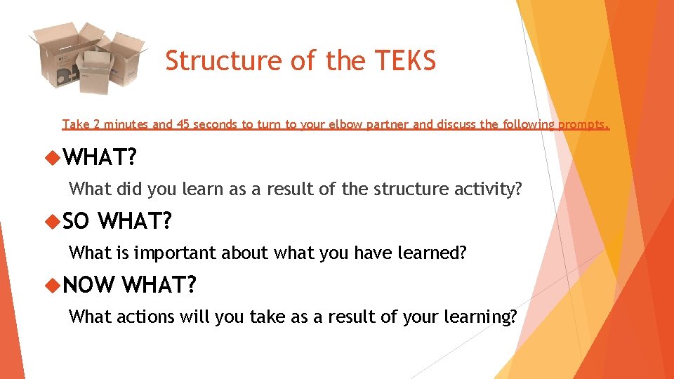 Structure of the TEKS Take 2 minutes and 45 seconds to turn to your