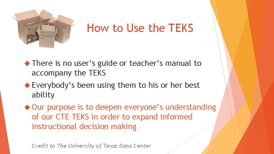 How to Use the TEKS There is no user’s guide or teacher’s manual to