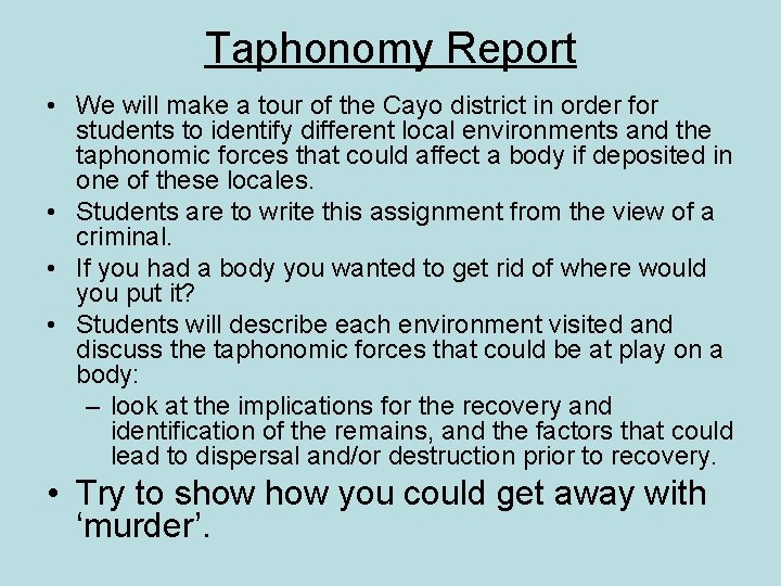 Taphonomy Report • We will make a tour of the Cayo district in order