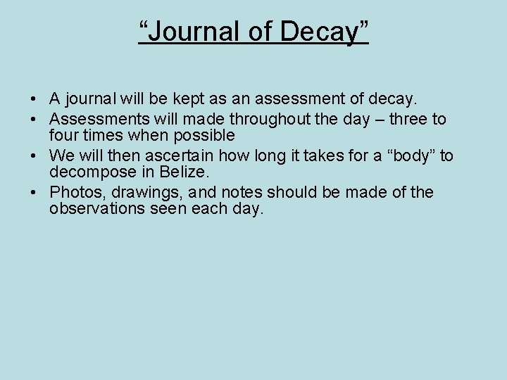 “Journal of Decay” • A journal will be kept as an assessment of decay.