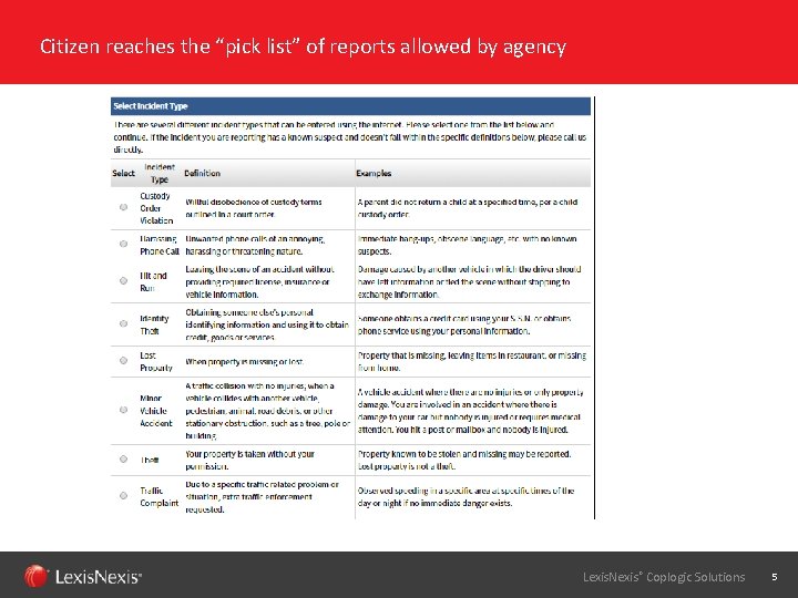 Citizen reaches the “pick list” of reports allowed by agency Lexis. Nexis® Coplogic Solutions