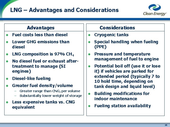 LNG – Advantages and Considerations Advantages Considerations l Fuel costs less than diesel l