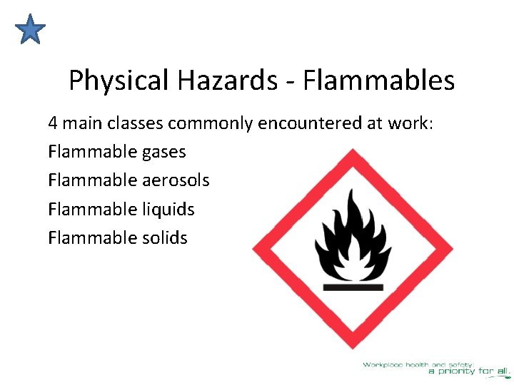 Physical Hazards - Flammables 4 main classes commonly encountered at work: Flammable gases Flammable