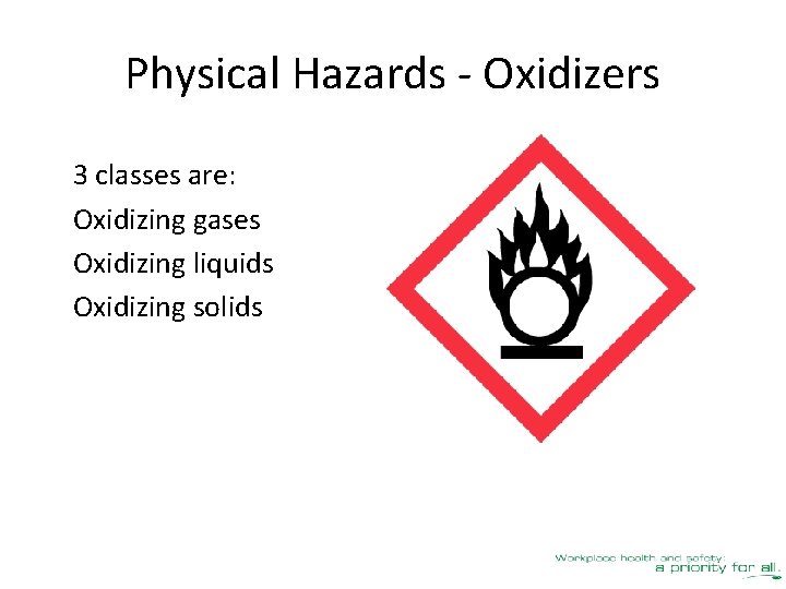 Physical Hazards - Oxidizers 3 classes are: Oxidizing gases Oxidizing liquids Oxidizing solids 