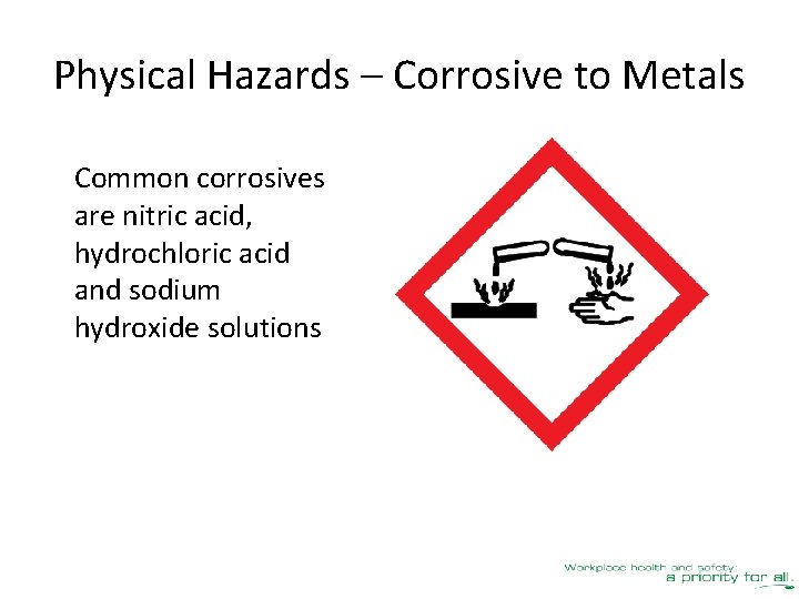 Physical Hazards – Corrosive to Metals Common corrosives are nitric acid, hydrochloric acid and