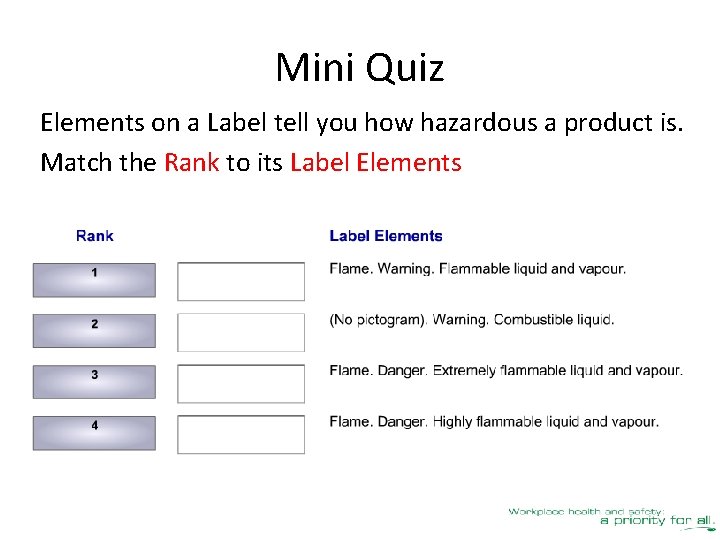Mini Quiz Elements on a Label tell you how hazardous a product is. Match