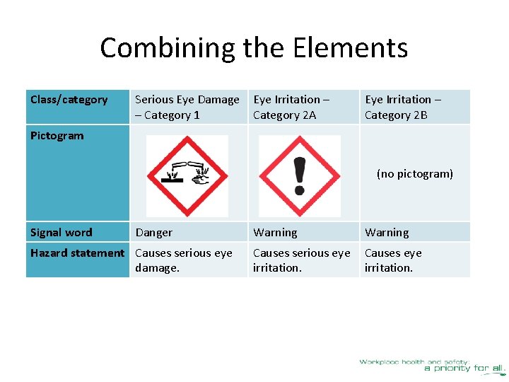 Combining the Elements Class/category Serious Eye Damage – Category 1 Eye Irritation – Category