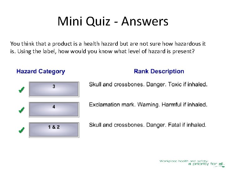 Mini Quiz - Answers You think that a product is a health hazard but