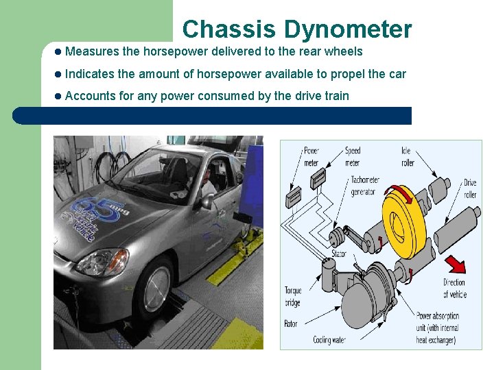 Chassis Dynometer l Measures the horsepower delivered to the rear wheels l Indicates the