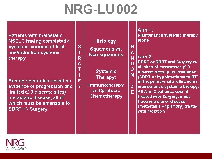 NRG-LU 002 Patients with metastatic NSCLC having completed 4 Histology: cycles or courses of