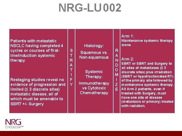 NRG-LU 002 Patients with metastatic NSCLC having completed 4 Histology: cycles or courses of