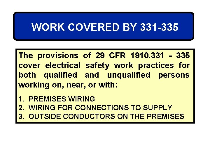 WORK COVERED BY 331 -335 The provisions of 29 CFR 1910. 331 - 335