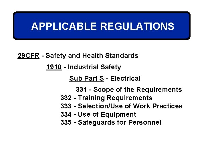 APPLICABLE REGULATIONS 29 CFR - Safety and Health Standards 1910 - Industrial Safety Sub