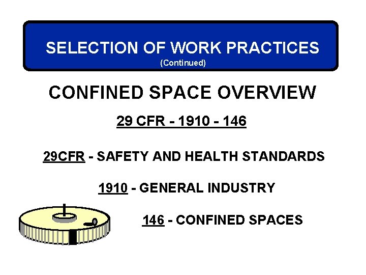 SELECTION OF WORK PRACTICES (Continued) CONFINED SPACE OVERVIEW 29 CFR - 1910 - 146