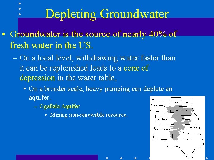 Depleting Groundwater • Groundwater is the source of nearly 40% of fresh water in