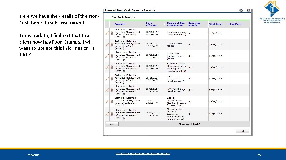 Here we have the details of the Non. Cash Benefits sub-assessment. In my update,